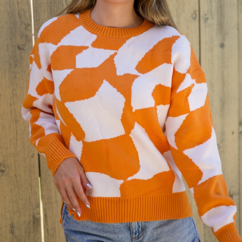 Vibrant Orange and White Crew Neck Sweater